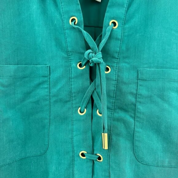 Chico's MEDIUM Green Brushed Matte lace Up Long Sleeve Blouse Top Shirt - Picture 4 of 7